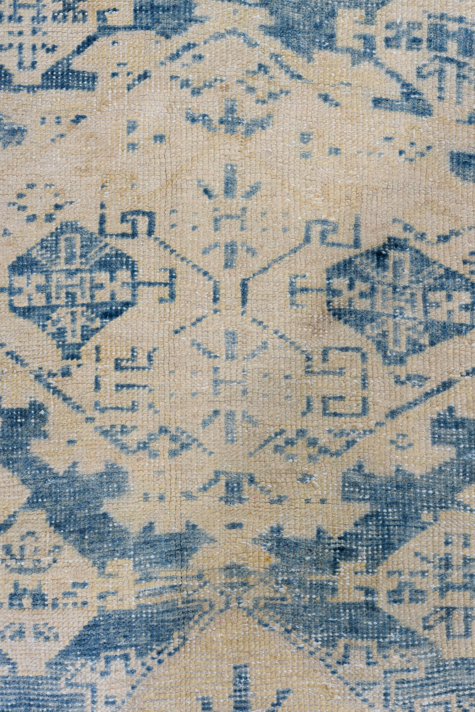 3' x 9' one-of-a-kind handmade vintage Heriz runner rug. Color palette: gray, light gray, off-white, blue, pink, dark gray