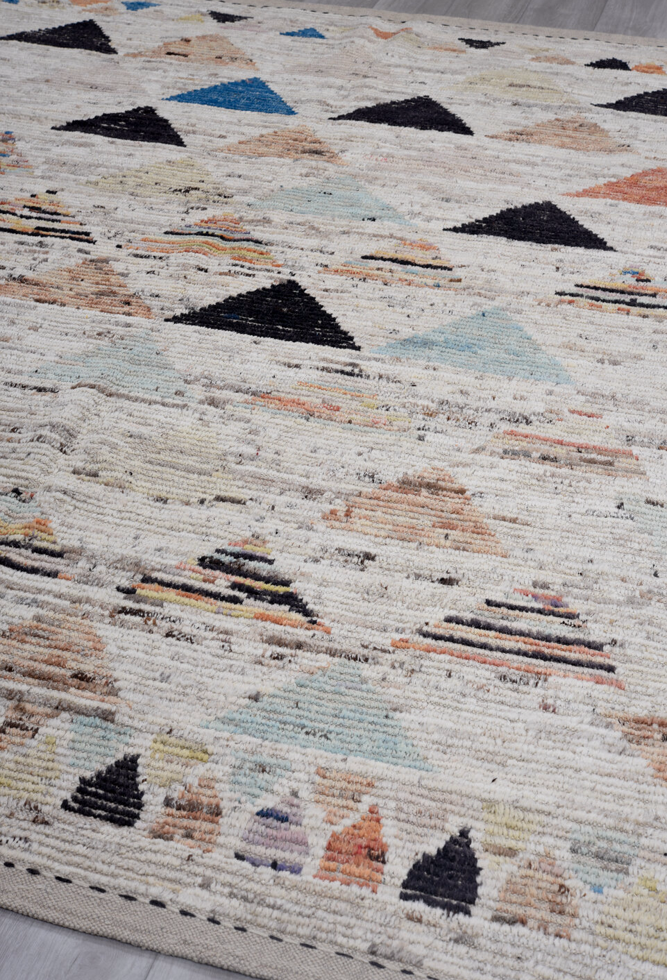 7' x 9' one-of-a-kind handmade vintage Tulu rug. Color palette: black, blue, brown, charcoal, dim gray, gainsboro, gray