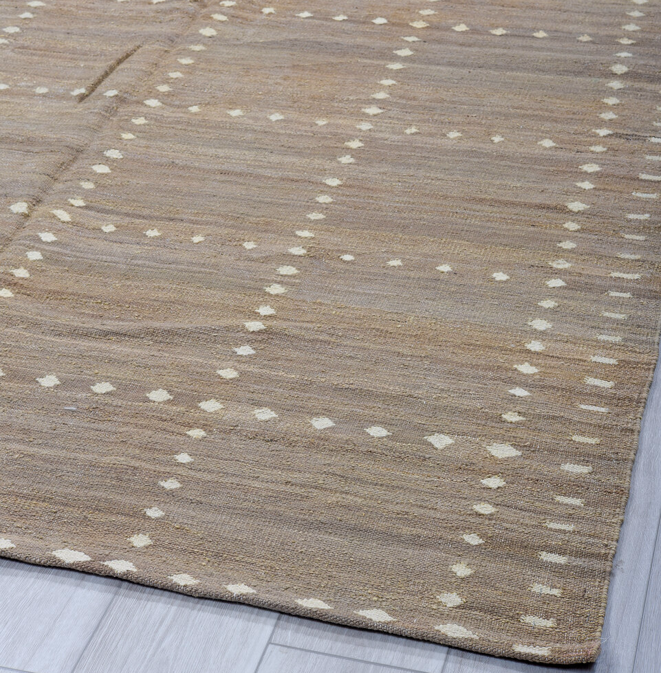 8' x 9' one-of-a-kind handmade vintage Kilim rug. Color palette: black, brown, dim gray, gray, light blue, light gray