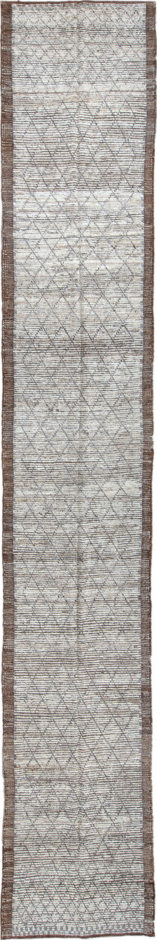 2' x 16' one-of-a-kind handmade vintage Tulu runner rug. Color palette: black, blue, charcoal, dark gray, gainsboro, gray