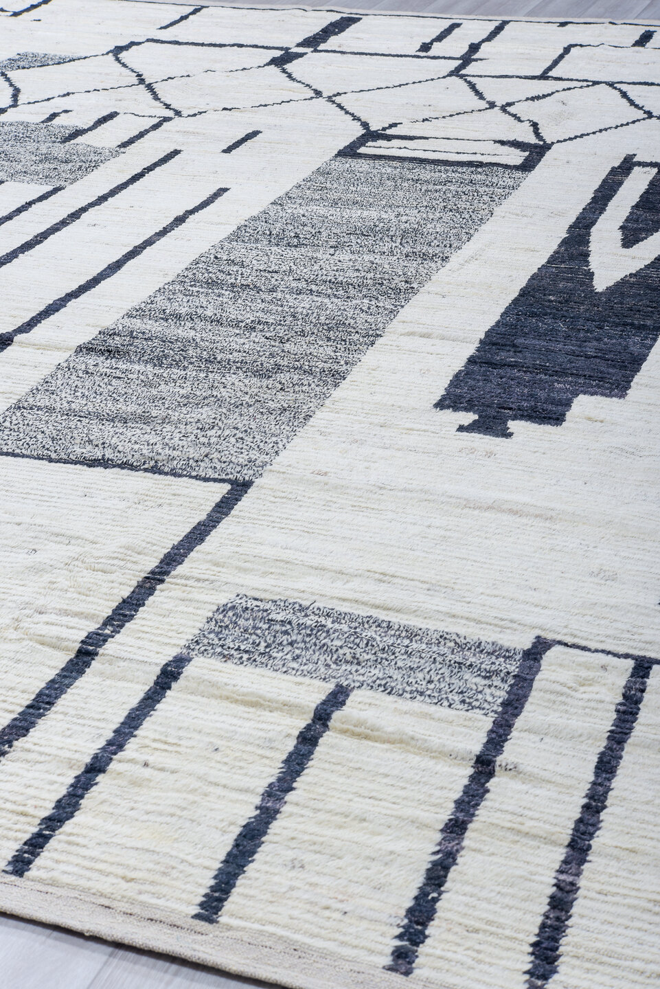 12' x 14' one-of-a-kind handmade vintage Tulu oversize rug. Color palette: blue, dark gray, gainsboro, ghost white, gray