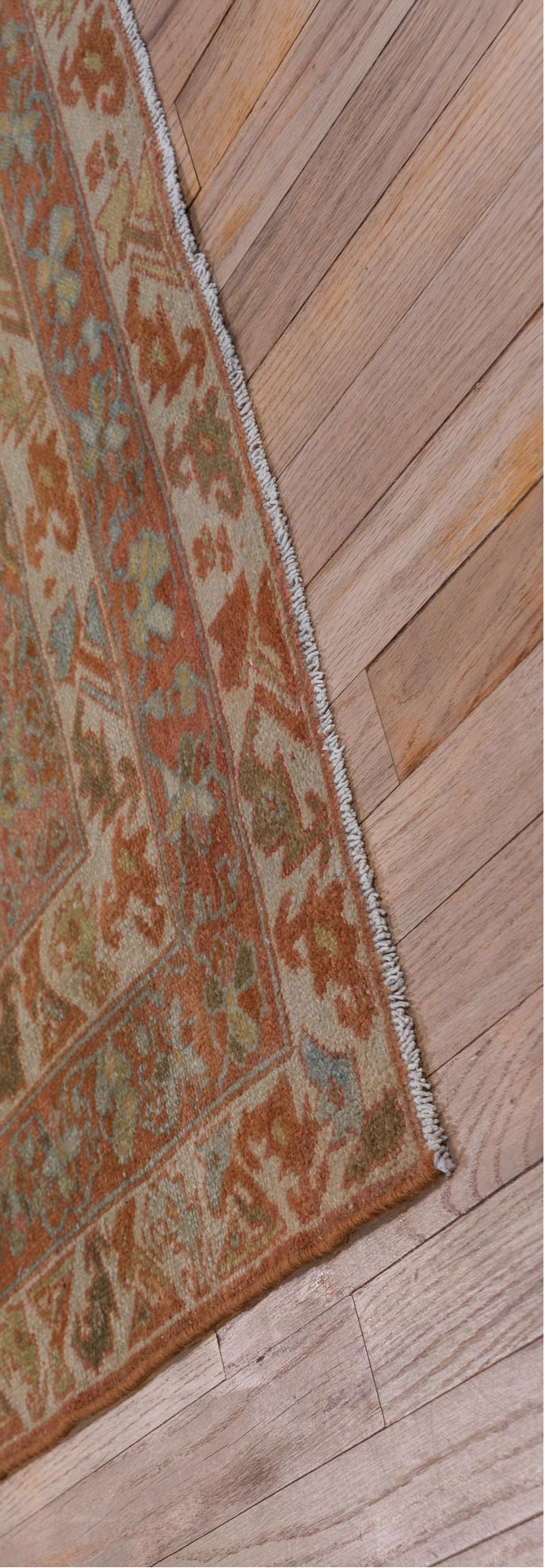 5' x 6' one-of-a-kind handmade vintage Malayer rug. Color palette: blue, brown, gray, green, light blue, light gray