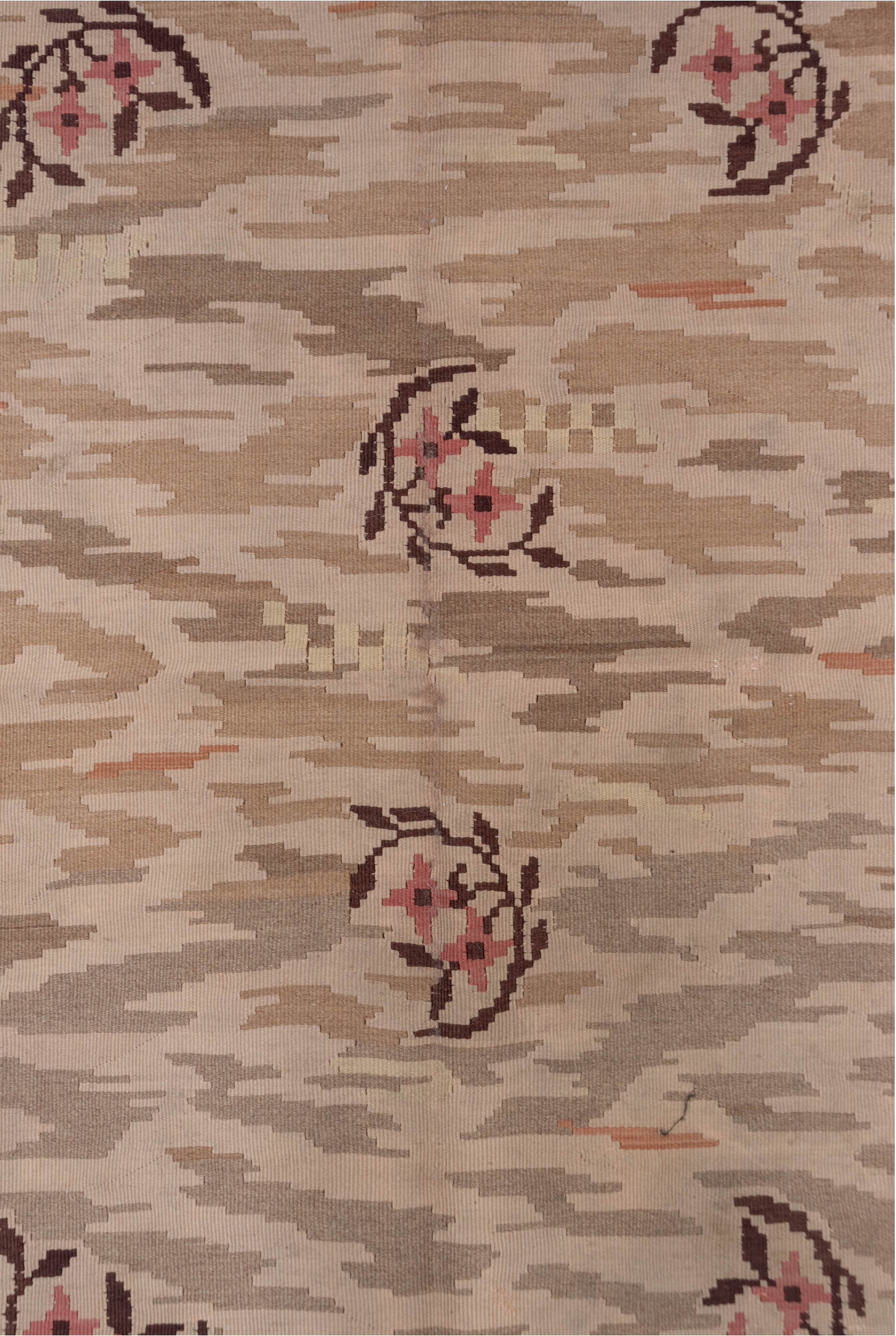 6' x 7' one-of-a-kind handmade vintage Kilim rug. Color palette: brown, pink, gray, light gray, redwood