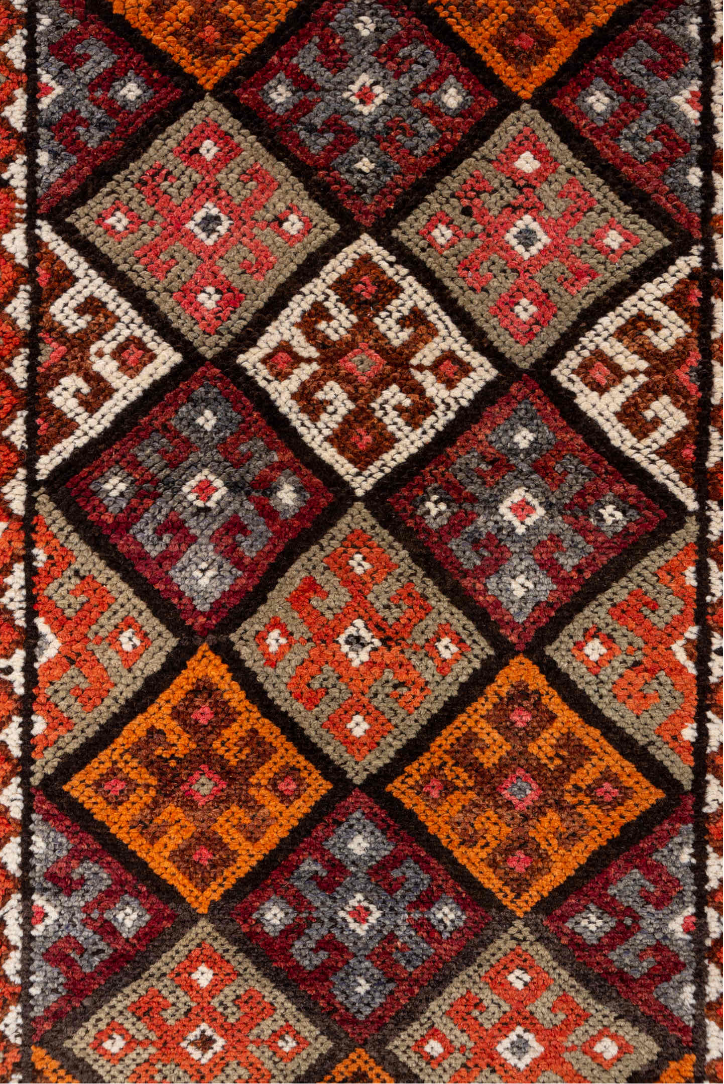 2' x 10' one-of-a-kind handmade vintage Oushak runner rug. Color palette: brown, gray, light gray, off-white, orange, pink