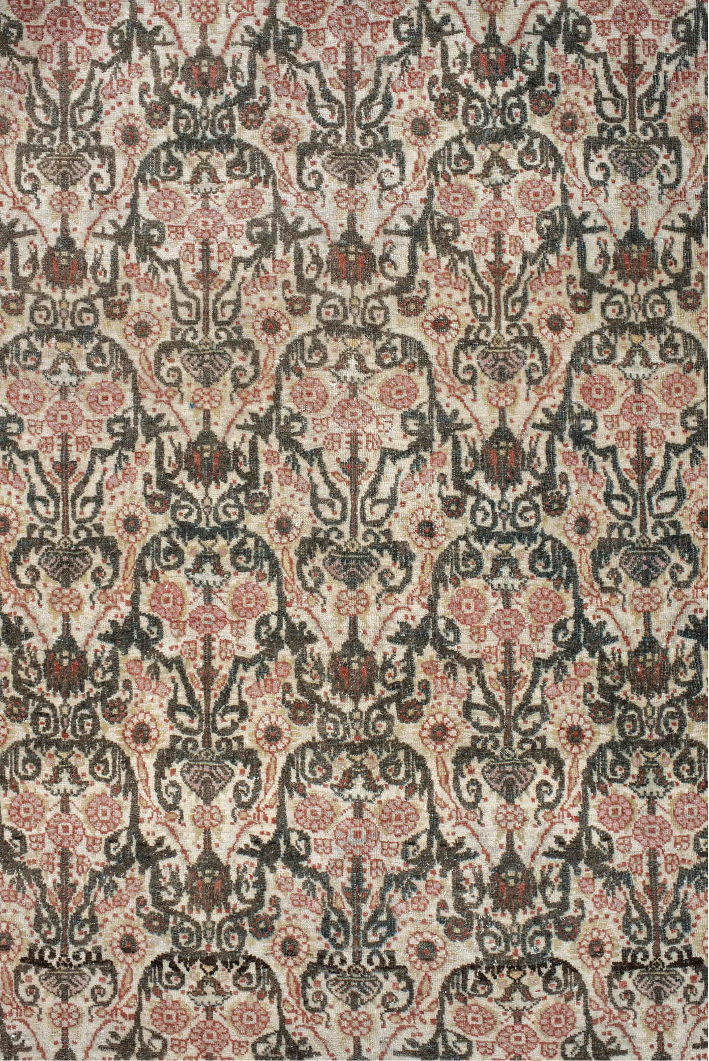 8' x 11' one-of-a-kind handmade vintage Tehran large size rug. Color palette: pink, off-white, gray, light gray, brown