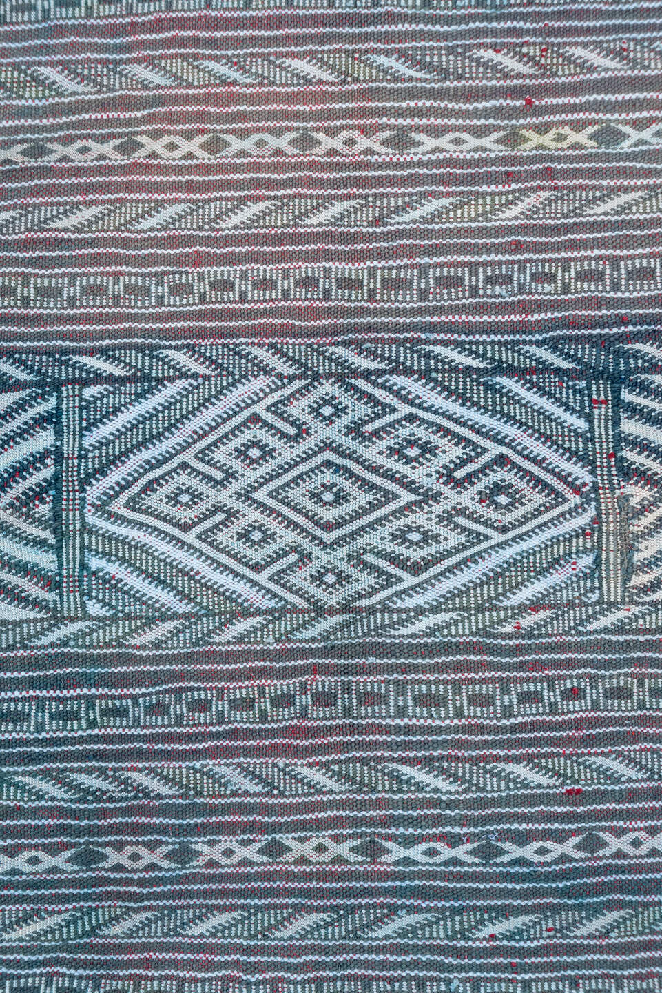 4' x 6' one-of-a-kind handmade vintage Kilim small size rug. Color palette: black, blue, brown, dark gray, dim gray, gray