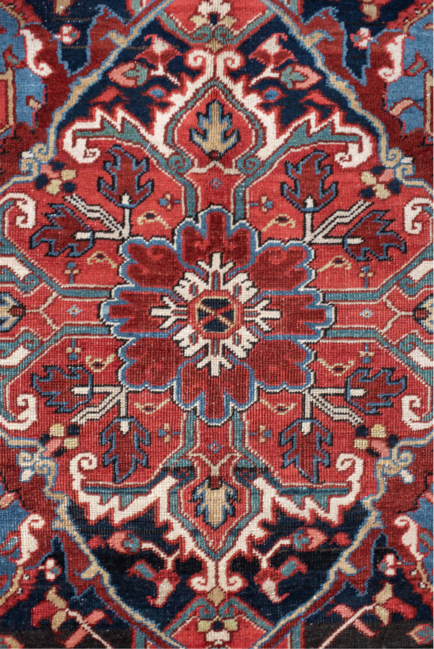 9' x 13' one-of-a-kind handmade vintage Heriz large size rug. Color palette: gray, blue, brown, red, pink, off-white, black