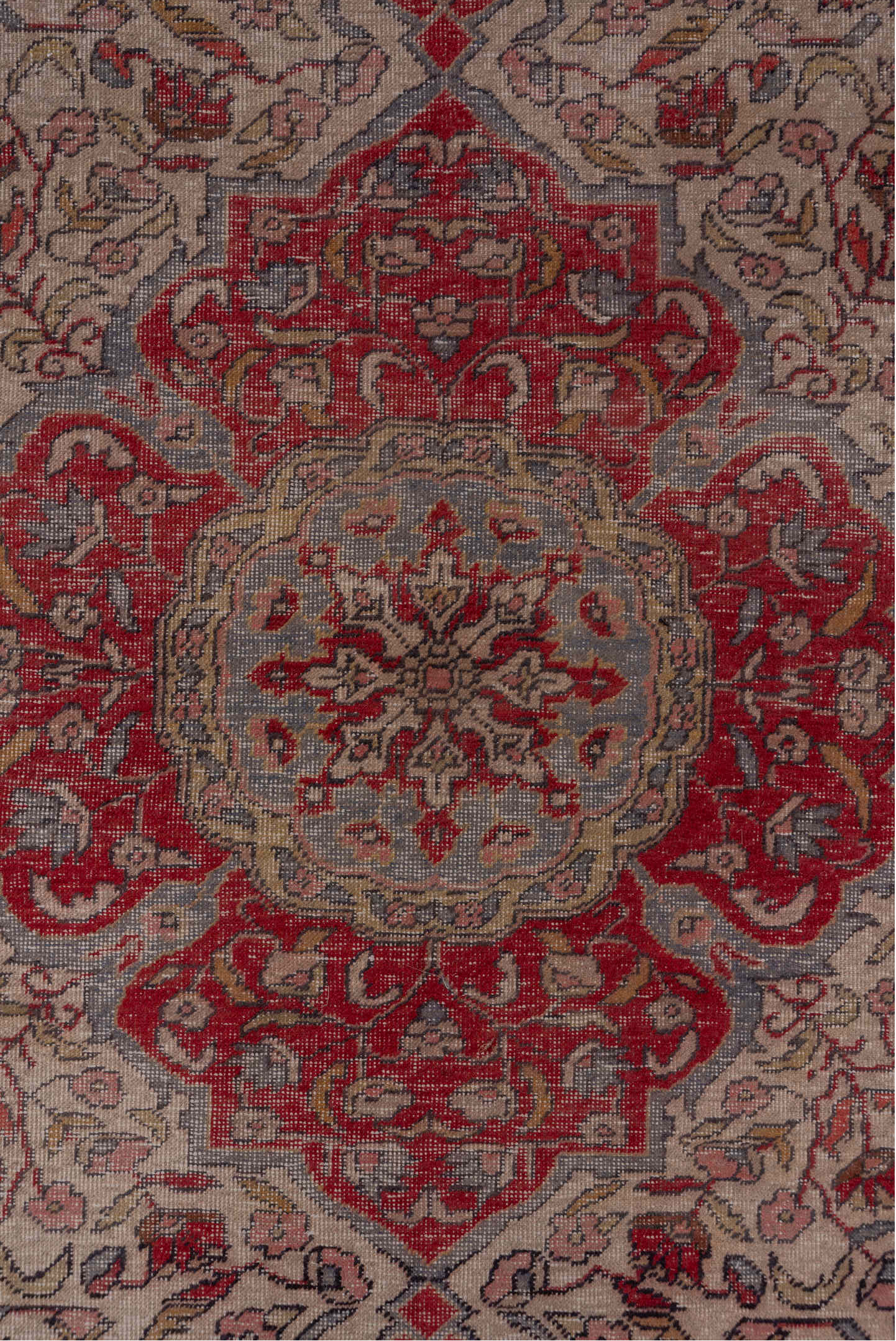 4' x 7' one-of-a-kind handmade vintage Sivas rug. Color palette: brown, gray, light gray, off-white, pink, red, redwood