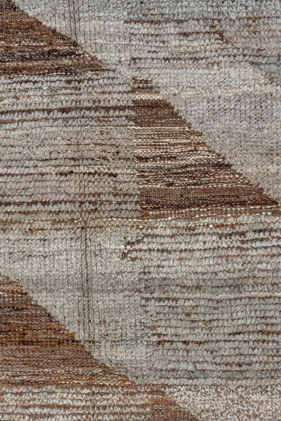 13' x 20' one-of-a-kind handmade vintage Tulu oversize rug. Color palette: brown, dark gray, gray, light gray, off-white