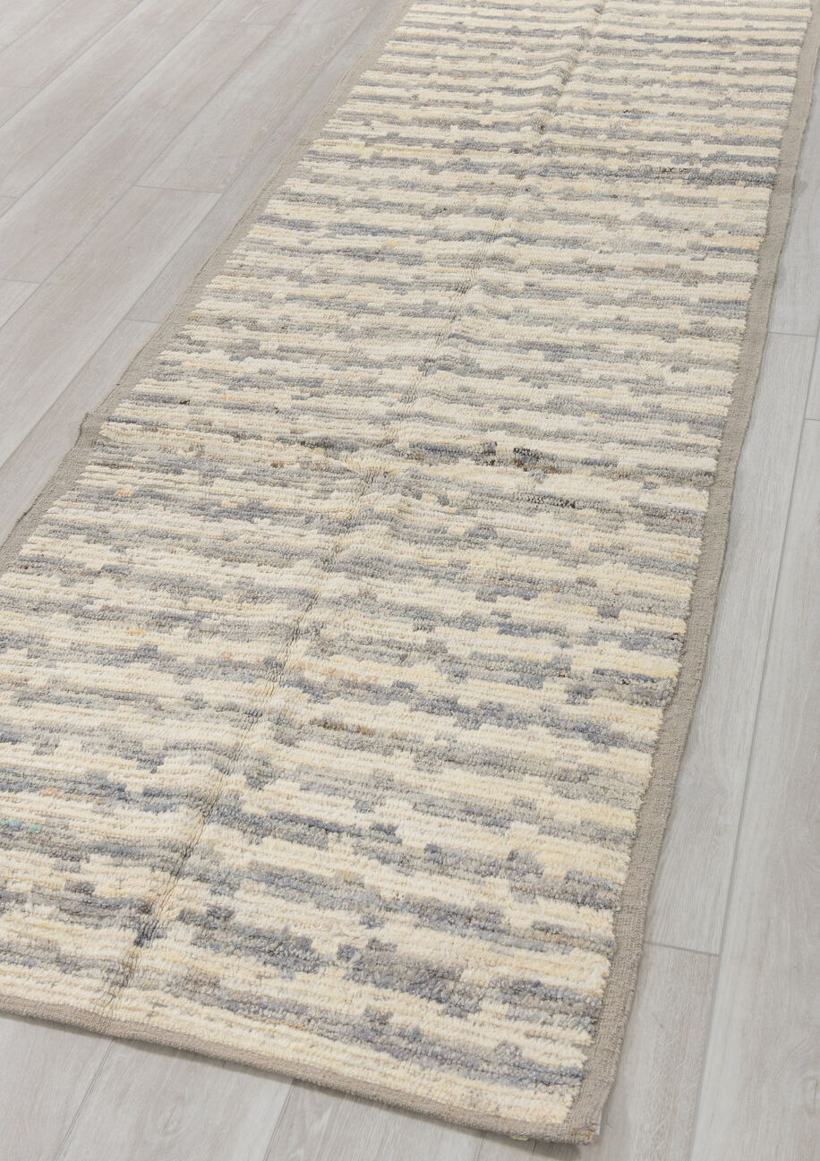 3' x 9' one-of-a-kind handmade vintage Tulu runner rug. Color palette: dark gray, dim gray, gray, light gray, off-white