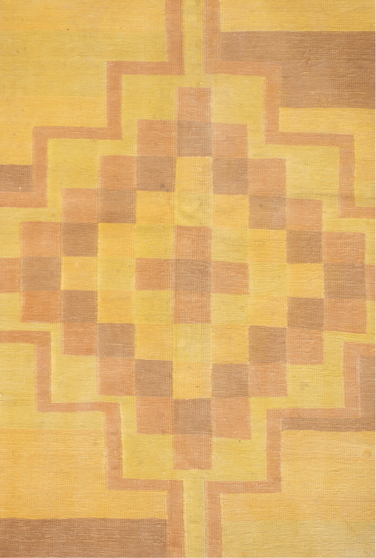 9' x 16' one-of-a-kind handmade vintage Dhurrie rug. Color palette: brown, yellow, orange, off-white, pink, navajo white