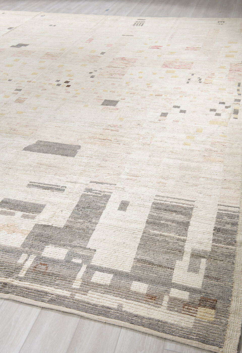 12' x 16' one-of-a-kind handmade vintage Tulu oversize rug. Color palette: beige, brown, floral white, gray, ivory