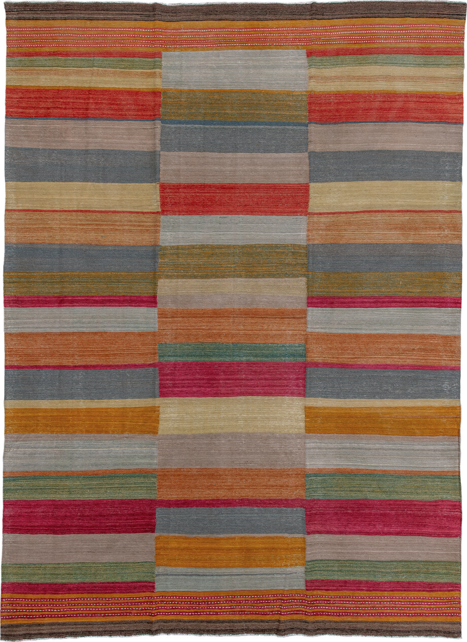 8' x 12' one-of-a-kind handmade vintage Kilim large size rug. Color palette: brown, dark gray, dim gray, gray, light gray