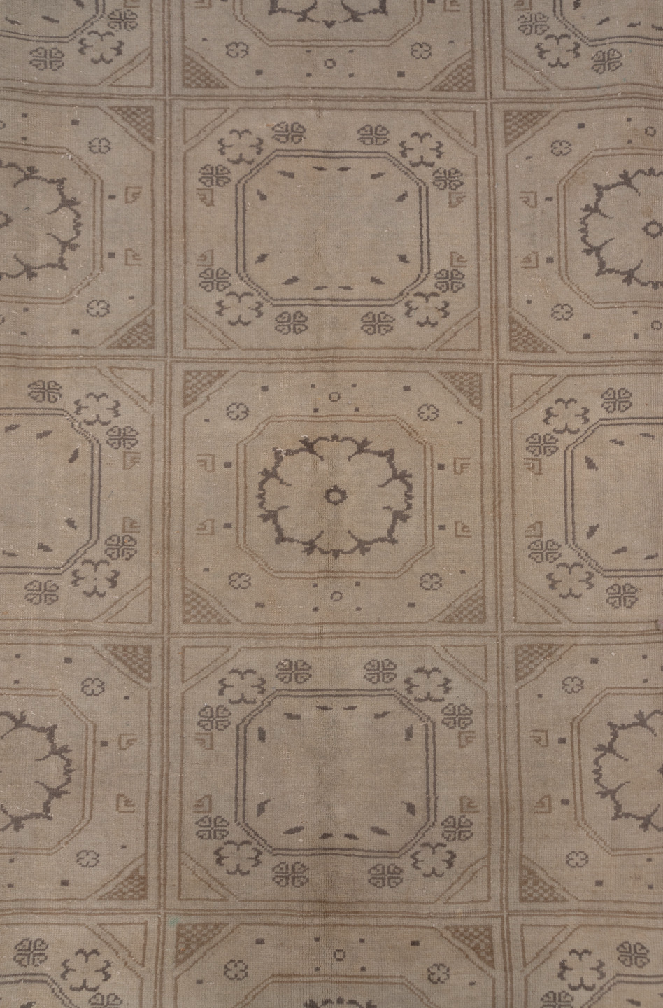 8' x 12' one-of-a-kind handmade vintage Kaisary large size rug. Color palette: gray, light gray, off-white, pink, seashell