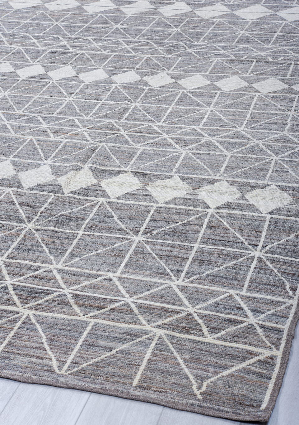 9' x 12' one-of-a-kind handmade vintage Tulu large size rug. Color palette: blue, dark gray, dim gray, gainsboro, gray