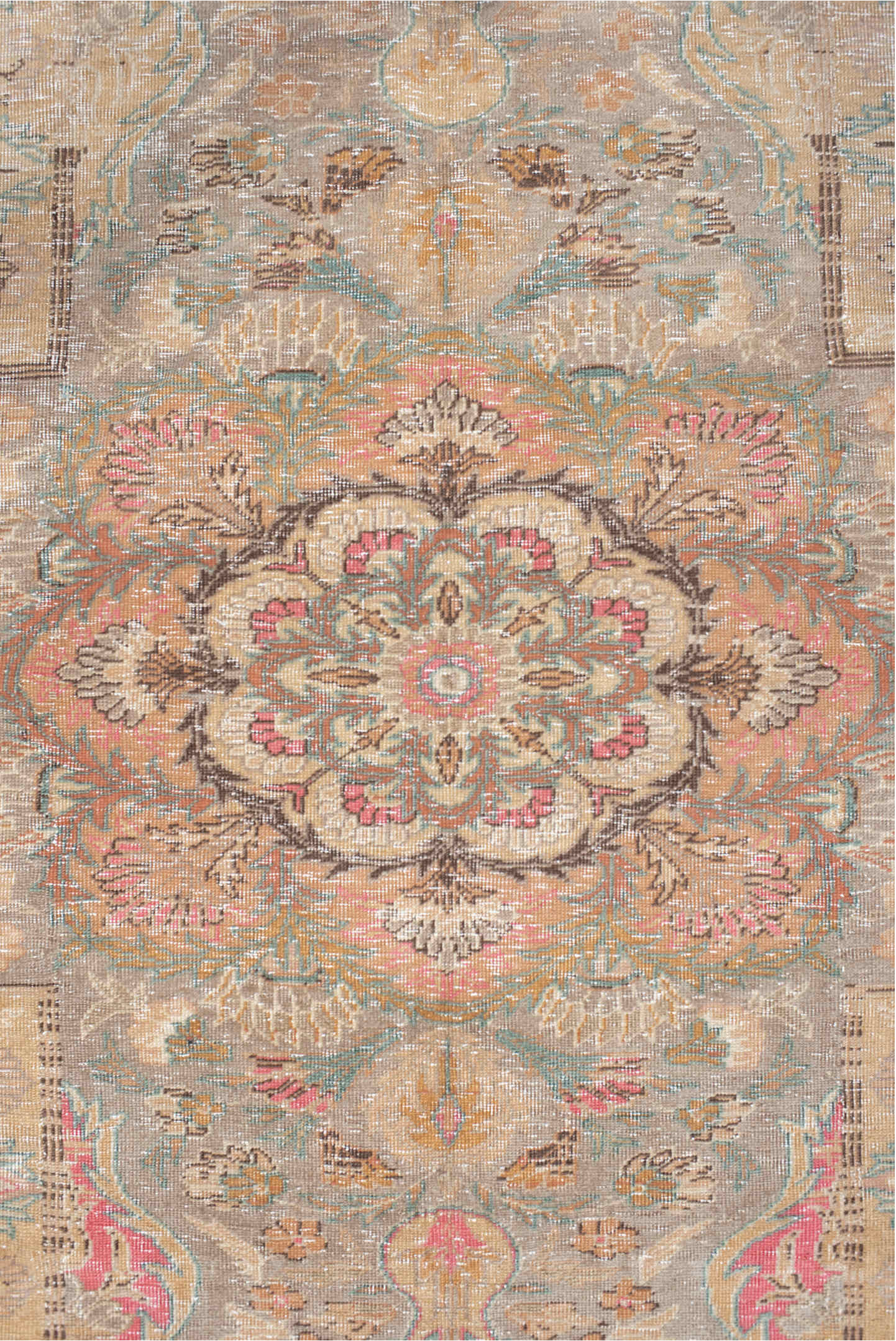 5' x 7' one-of-a-kind handmade vintage Hereke rug. Color palette: pink, gray, brown, light gray, off-white, orange, red
