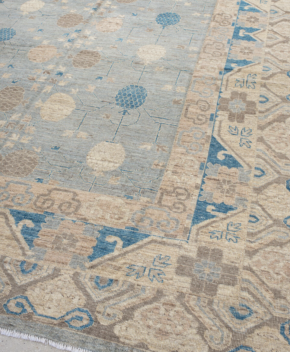 9' x 12' one-of-a-kind handmade vintage Oushak large size rug. Color palette: gray, blue, light gray, off-white, orange