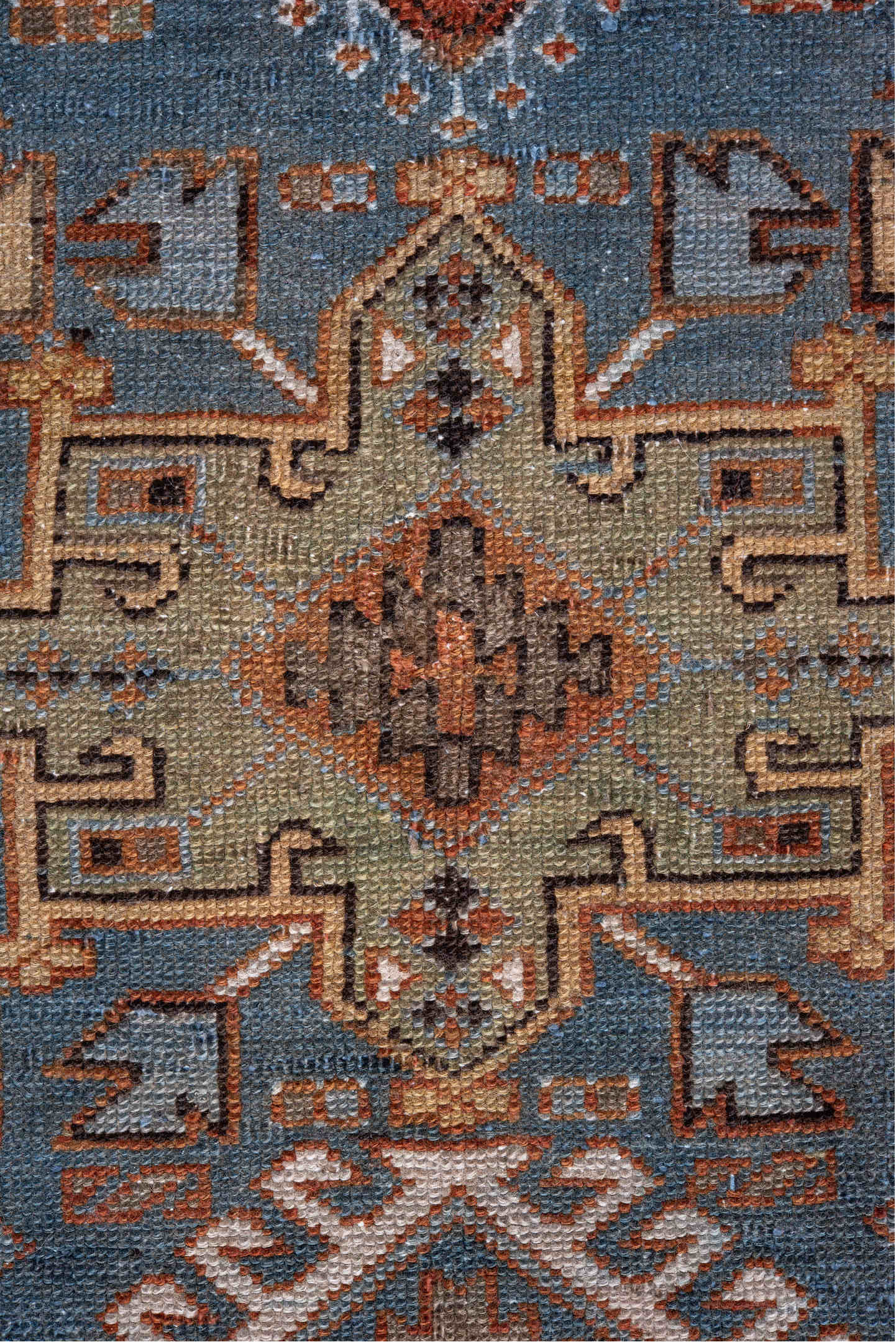 2' x 14' one-of-a-kind handmade vintage Heriz runner rug. Color palette: blue, brown, gray, light gray, light slate gray