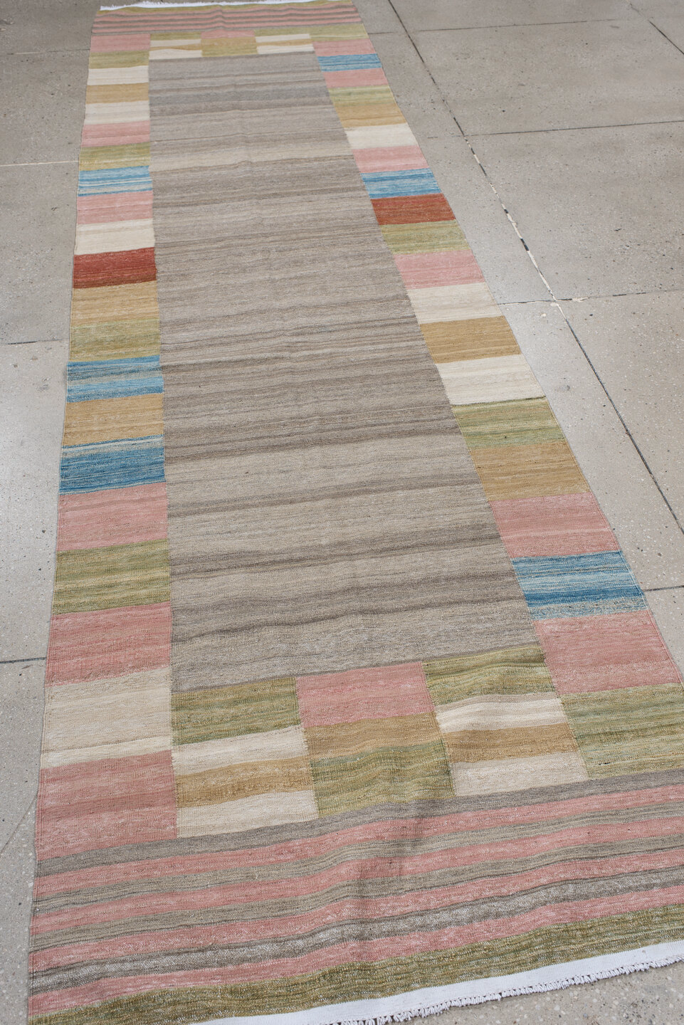 3' x 12' one-of-a-kind handmade vintage Kilim runner rug. Color palette: blue, gray, light blue, light gray, pink