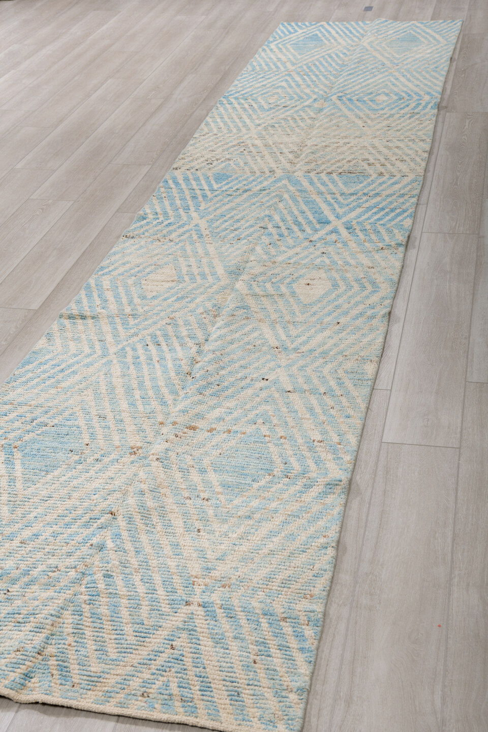 3' x 16' one-of-a-kind handmade vintage Tulu runner rug. Color palette: blue, dark gray, gray, light blue, light gray