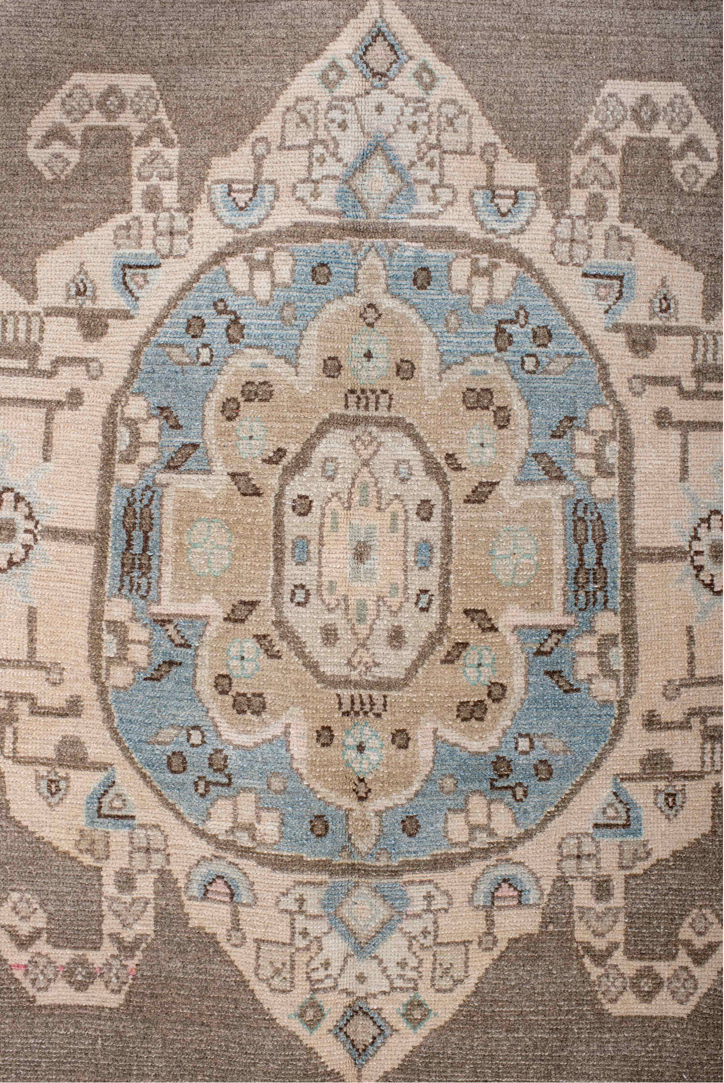 4' x 8' one-of-a-kind handmade vintage Hamadan rug. Color palette: brown, dark gray, gray, light blue, light gray, off-white