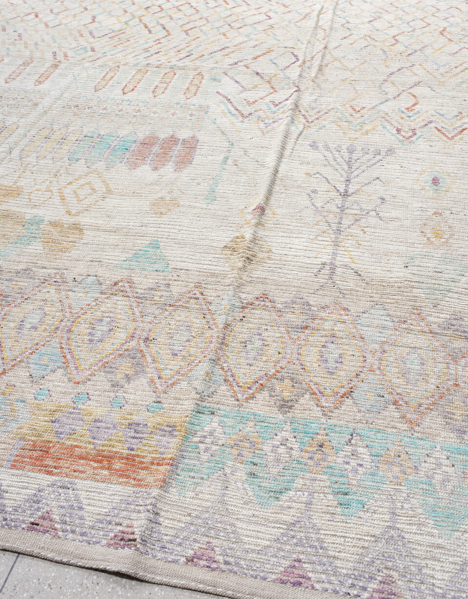 13' x 19' one-of-a-kind handmade vintage Tulu oversize rug. Color palette: brown, dark gray, gainsboro, gray, light blue