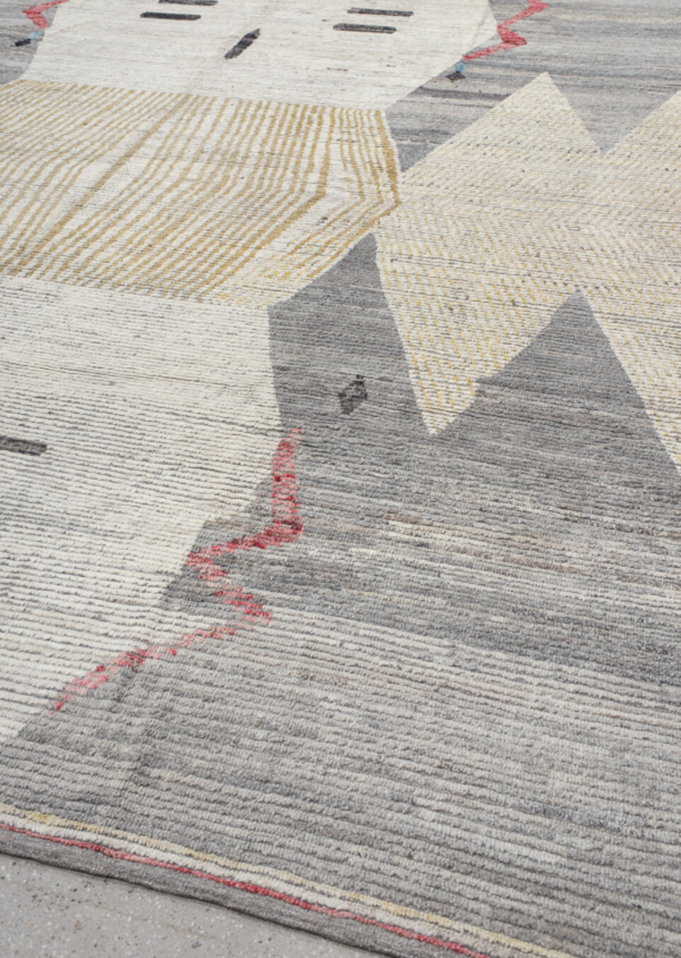 11' x 14' one-of-a-kind handmade vintage Tulu oversize rug. Color palette: gray, off-white, light gray, brown, pink