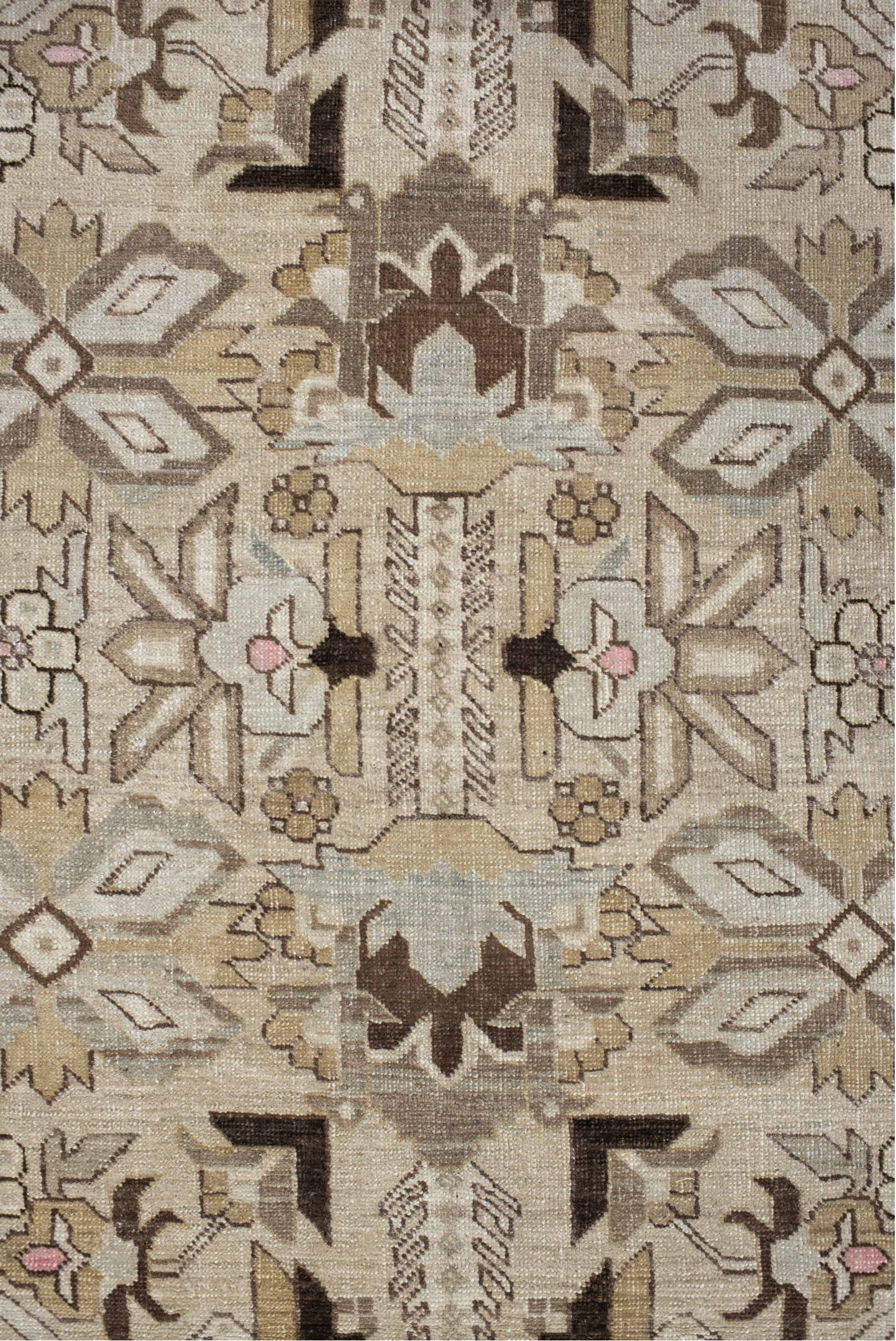 7' x 10' one-of-a-kind handmade vintage Ardebil large size rug. Color palette: off-white, pink, light gray, brown, gray