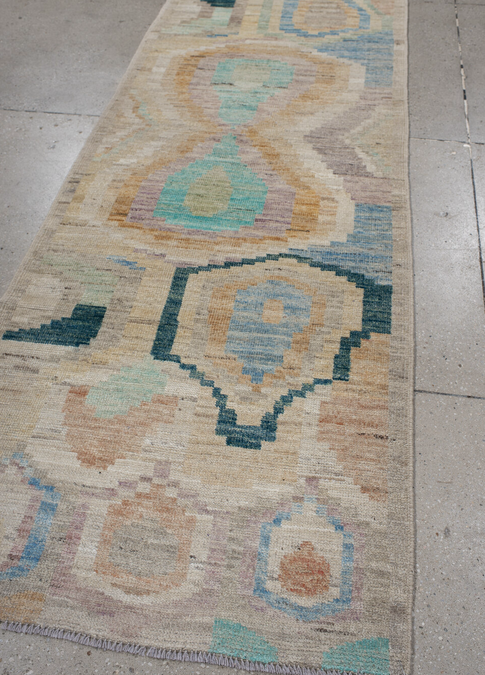 3' x 9' one-of-a-kind handmade vintage Kilim runner rug. Color palette: brown, blue, gray, pink, off-white, light gray