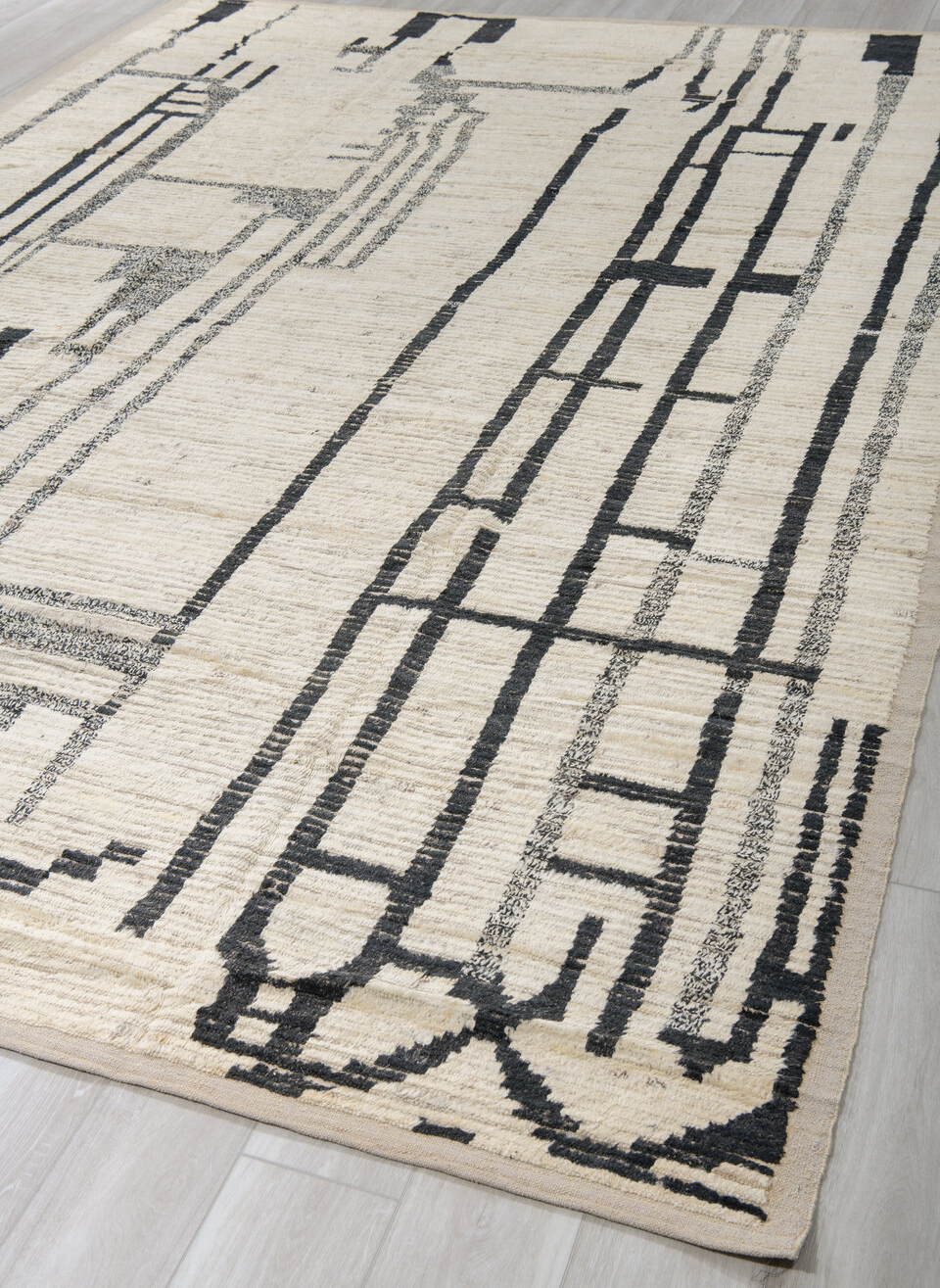 9' x 12' one-of-a-kind handmade vintage Tulu large size rug. Color palette: black, blue, charcoal, dark gray, dim gray