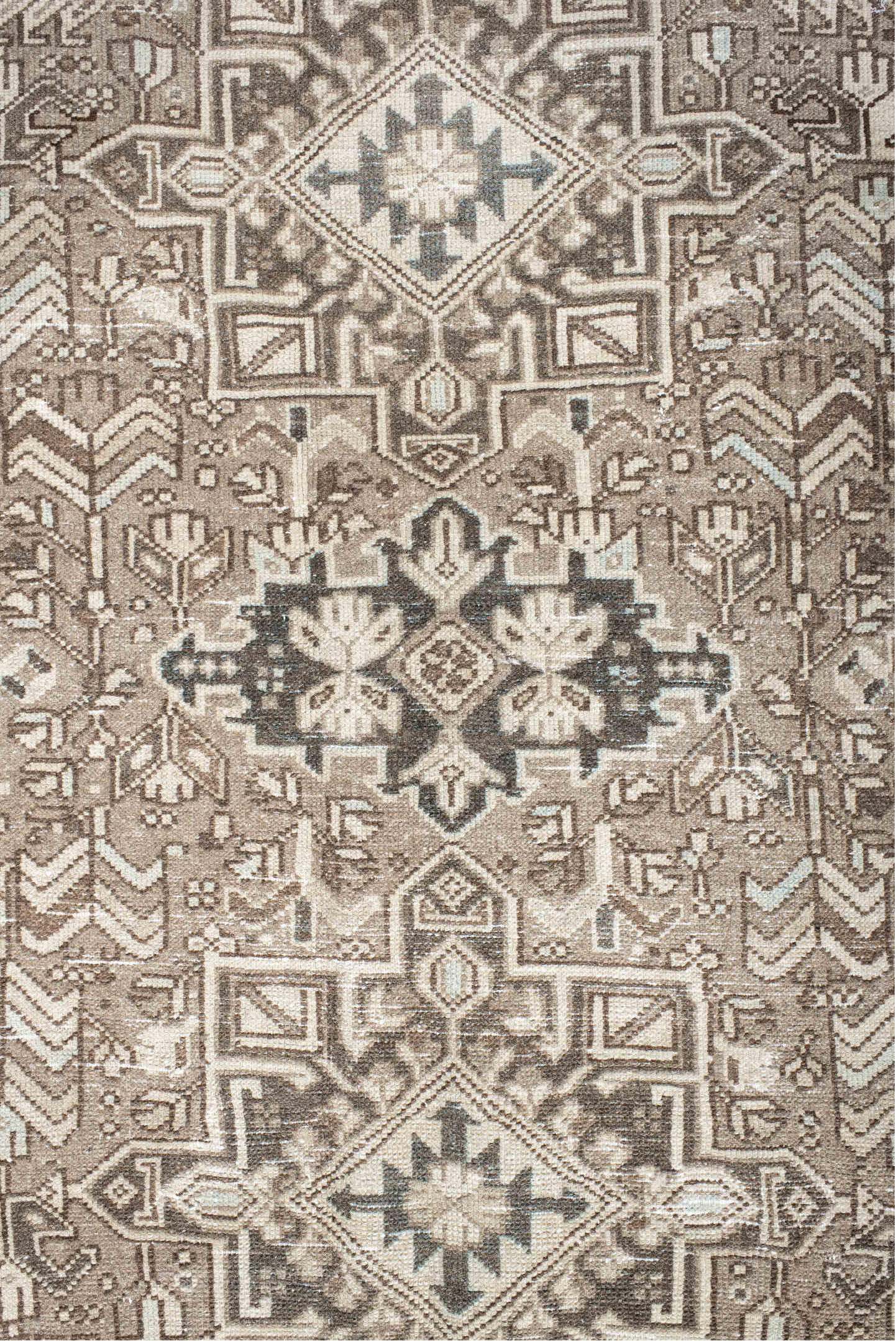 4' x 12' one-of-a-kind handmade vintage Karaje runner rug. Color palette: light gray, off-white, gray, black, linen