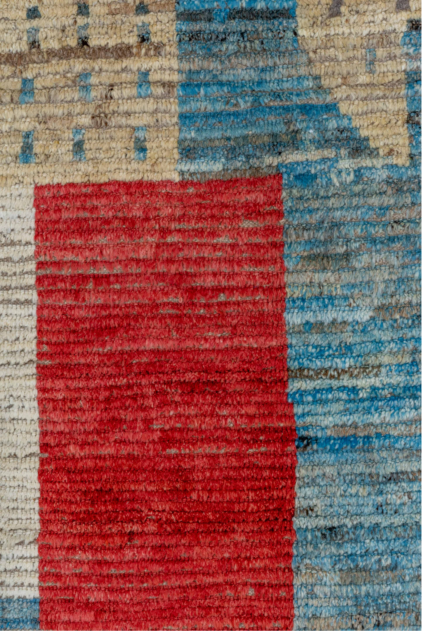 9' x 12' one-of-a-kind handmade vintage Tulu large size rug. Color palette: blue, brown, gray, light gray, maroon, off-white