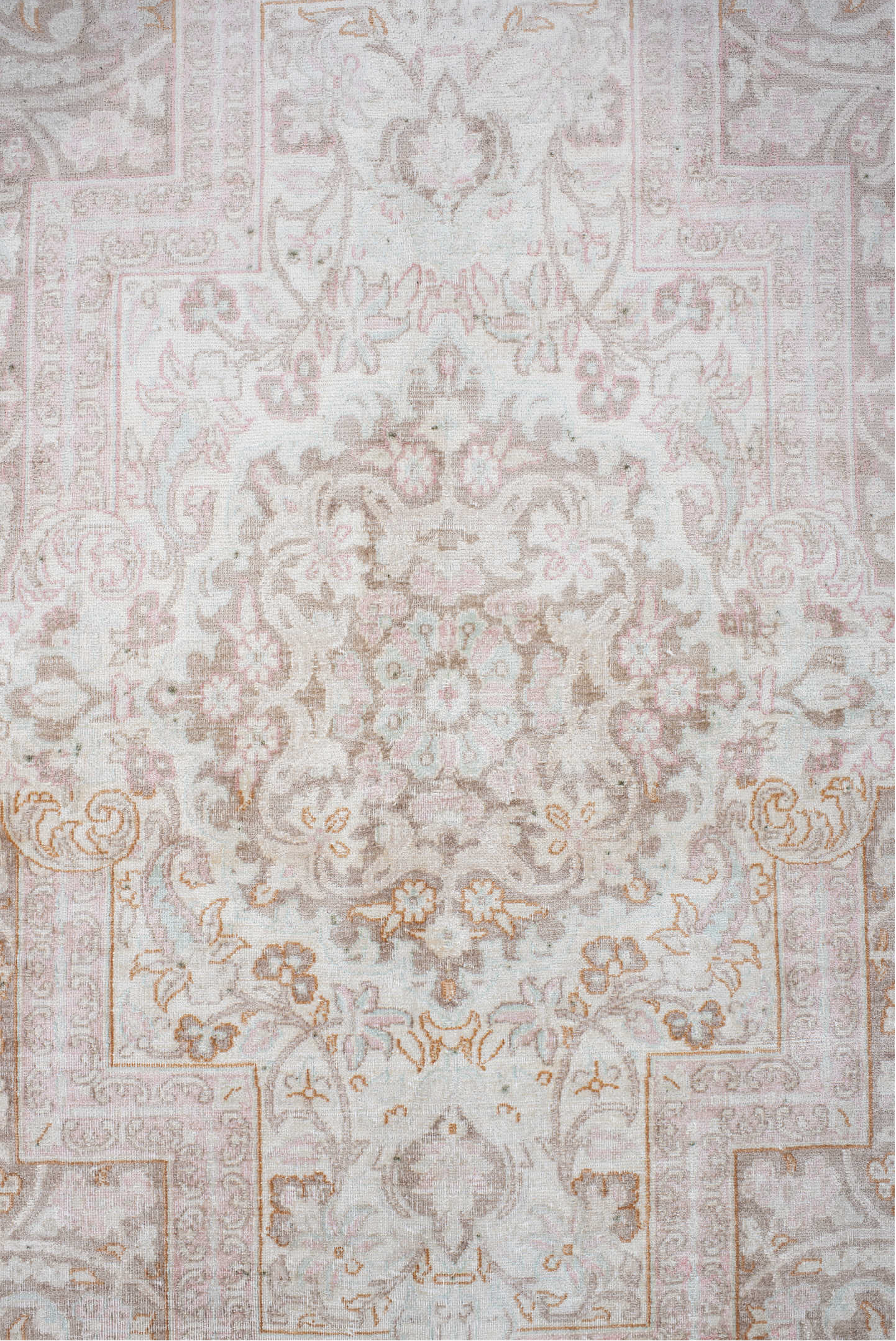 7' x 11' one-of-a-kind handmade vintage Kashmir large size rug. Color palette: antiquewhite, brown, dark gray, gainsboro