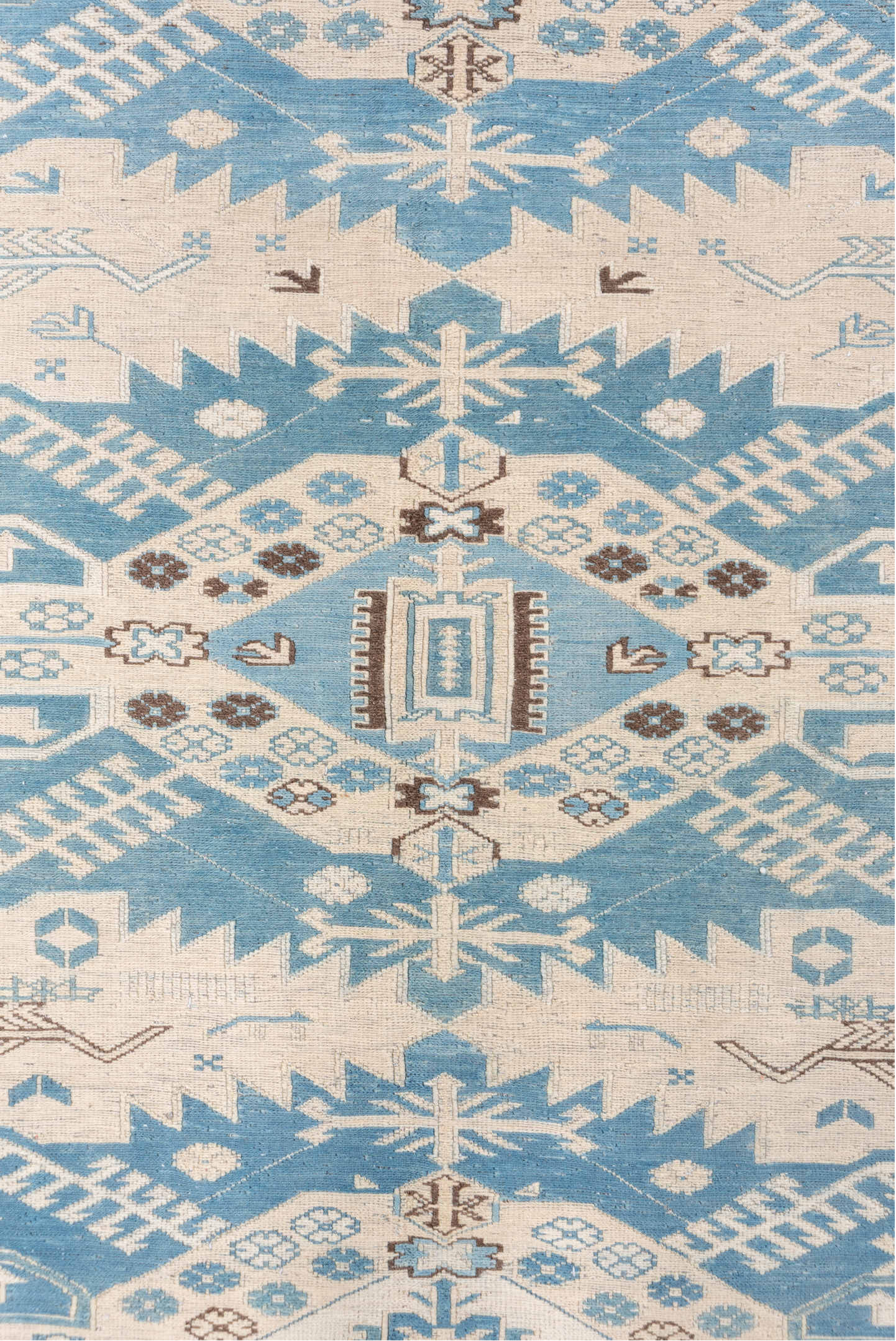 7' x 7' one-of-a-kind handmade vintage Sumak rug. Color palette: blue, dark gray, gray, light blue, light gray