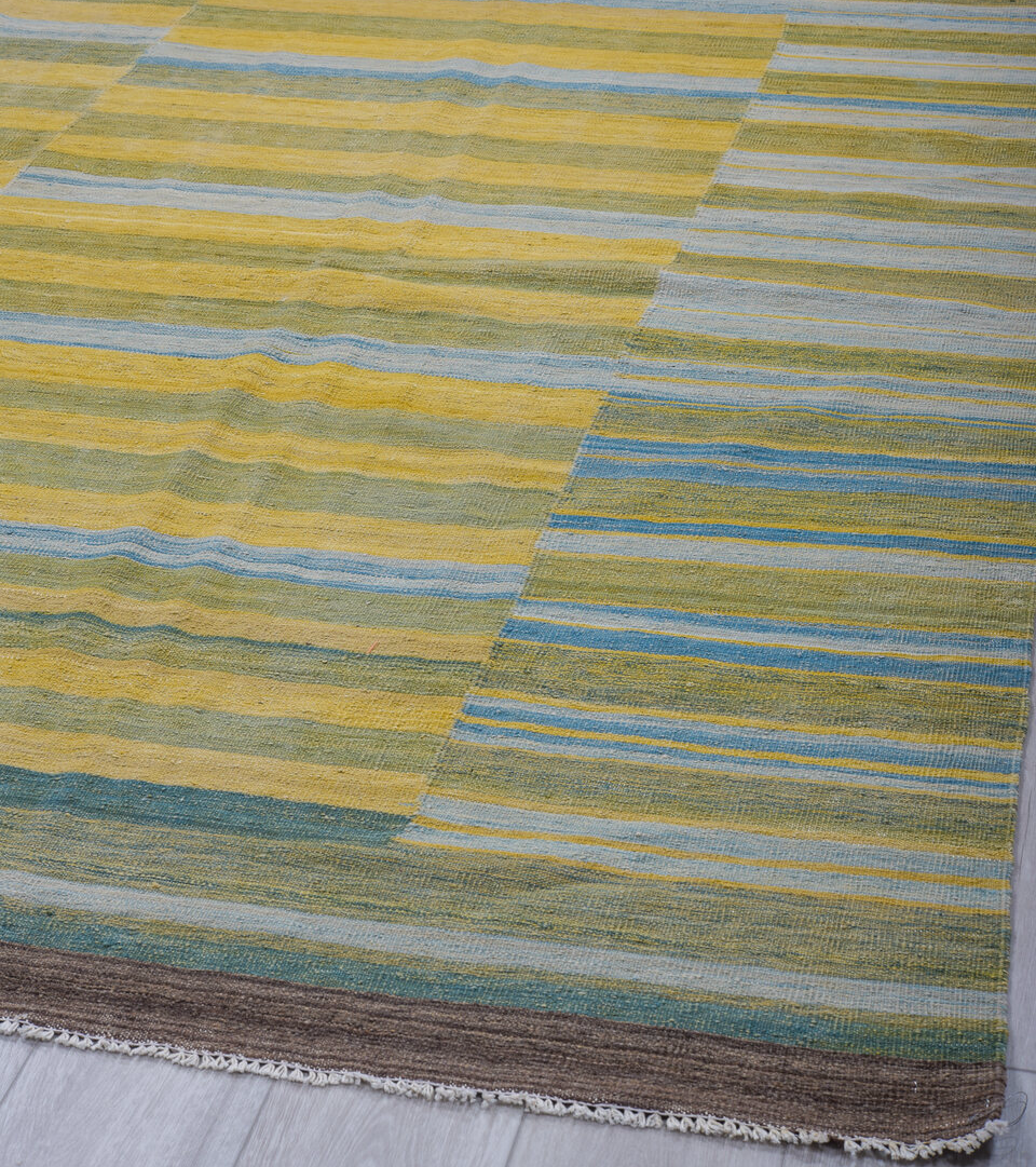 8' x 11' one-of-a-kind handmade vintage Kilim large size rug. Color palette: black, blue, brown, dim gray, gray, light gray