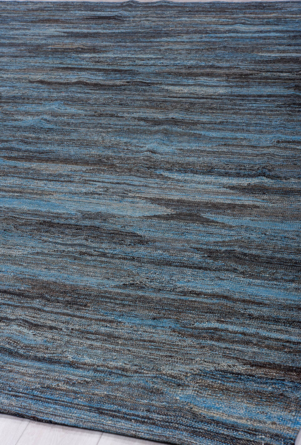 9' x 12' one-of-a-kind handmade vintage Kilim large size rug. Color palette: arapawa, black, blue, dark gray, dim gray