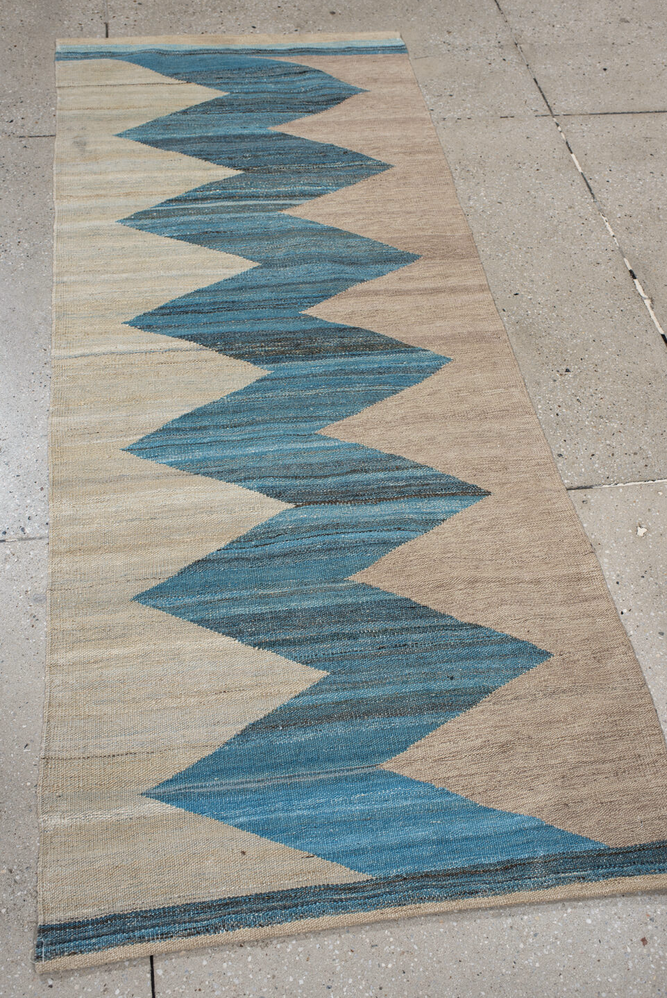 2' x 6' one-of-a-kind handmade vintage Kilim runner rug. Color palette: black, blue, gray, light blue, light gray, off-white