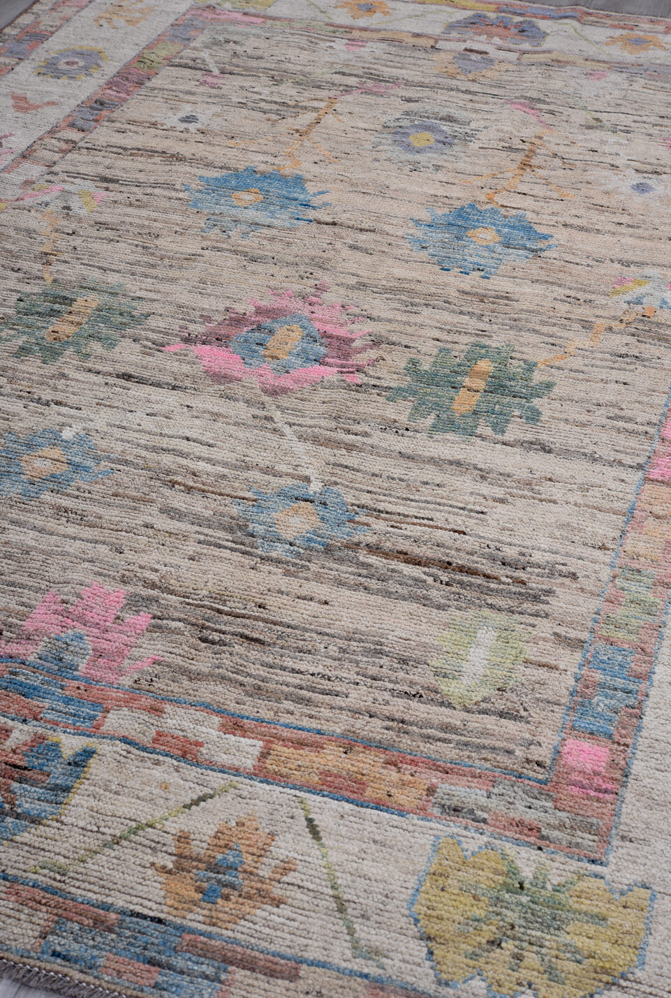 6' x 9' one-of-a-kind handmade vintage Oushak medium size rug. Color palette: off-white, gray, light gray, brown, blue, pink