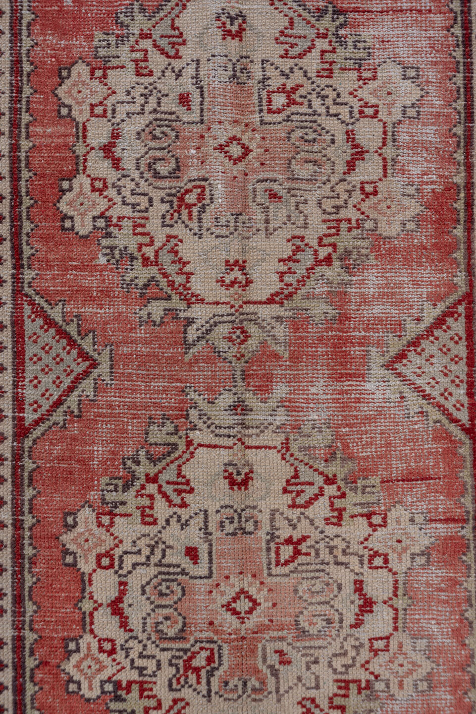 2' x 10' one-of-a-kind handmade vintage Oushak runner rug. Color palette: brown, gray, pink, red
