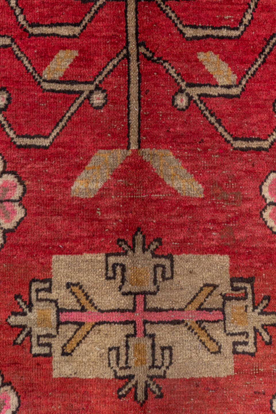 4' x 8' one-of-a-kind handmade vintage Khotan rug. Color palette: black, brown, pink, red