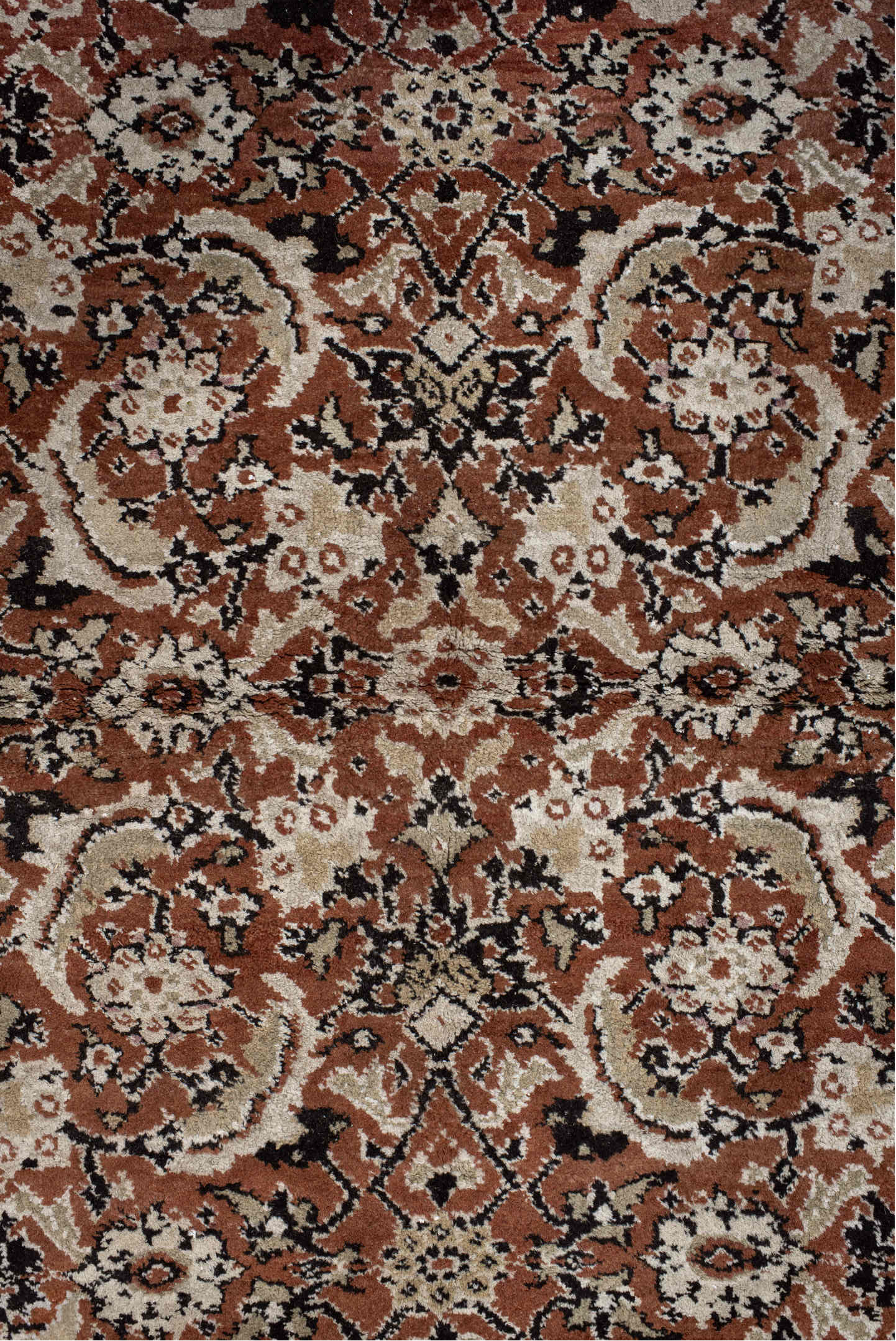 12' x 15' one-of-a-kind handmade vintage Agra oversize rug. Color palette: black, brown, charcoal, gray, light gray