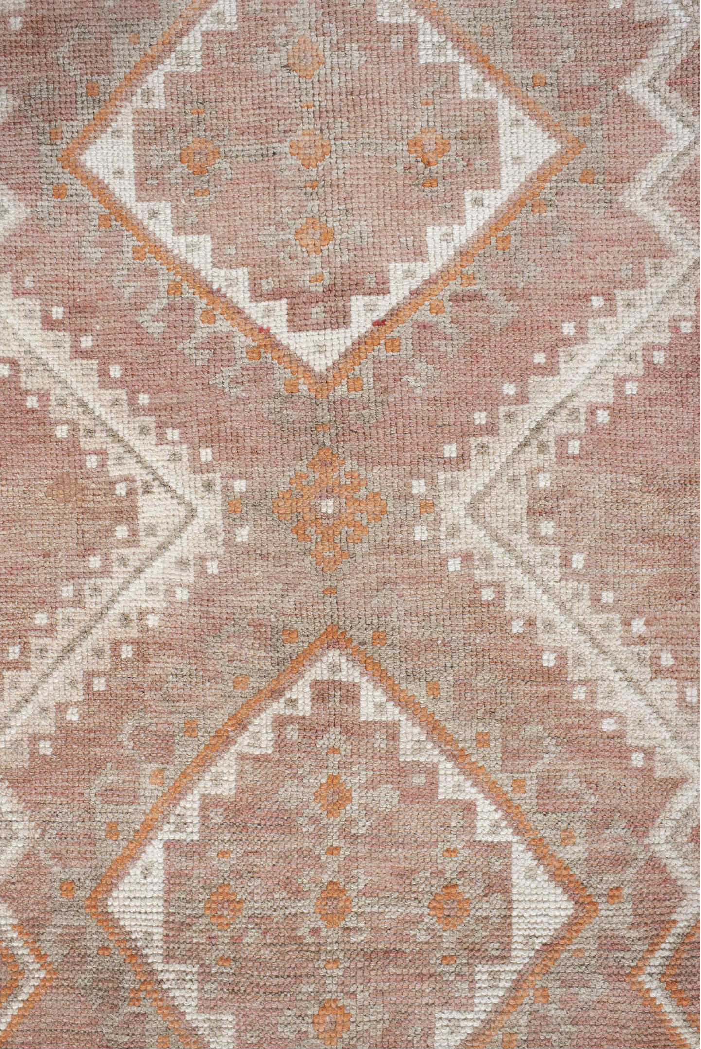 3' x 7' one-of-a-kind handmade vintage Gabbe runner rug. Color palette: brown, gray, light gray, off-white, orange, pink