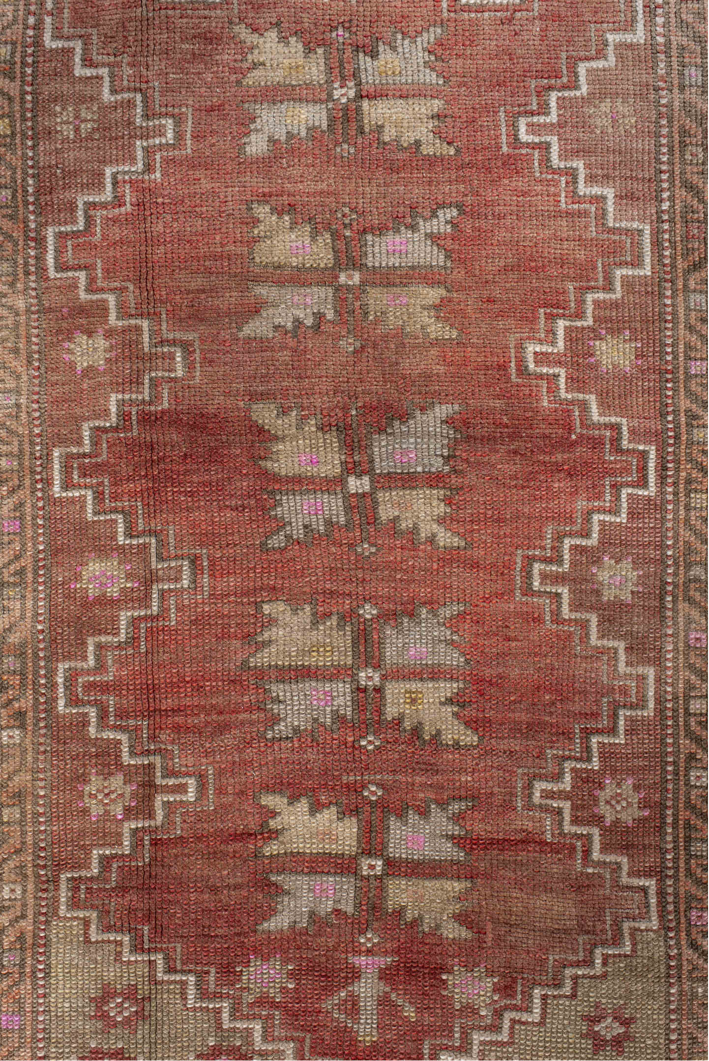 3' x 5' one-of-a-kind handmade vintage Anatol small size rug. Color palette: brown, gray, light gray, off-white, pink, red