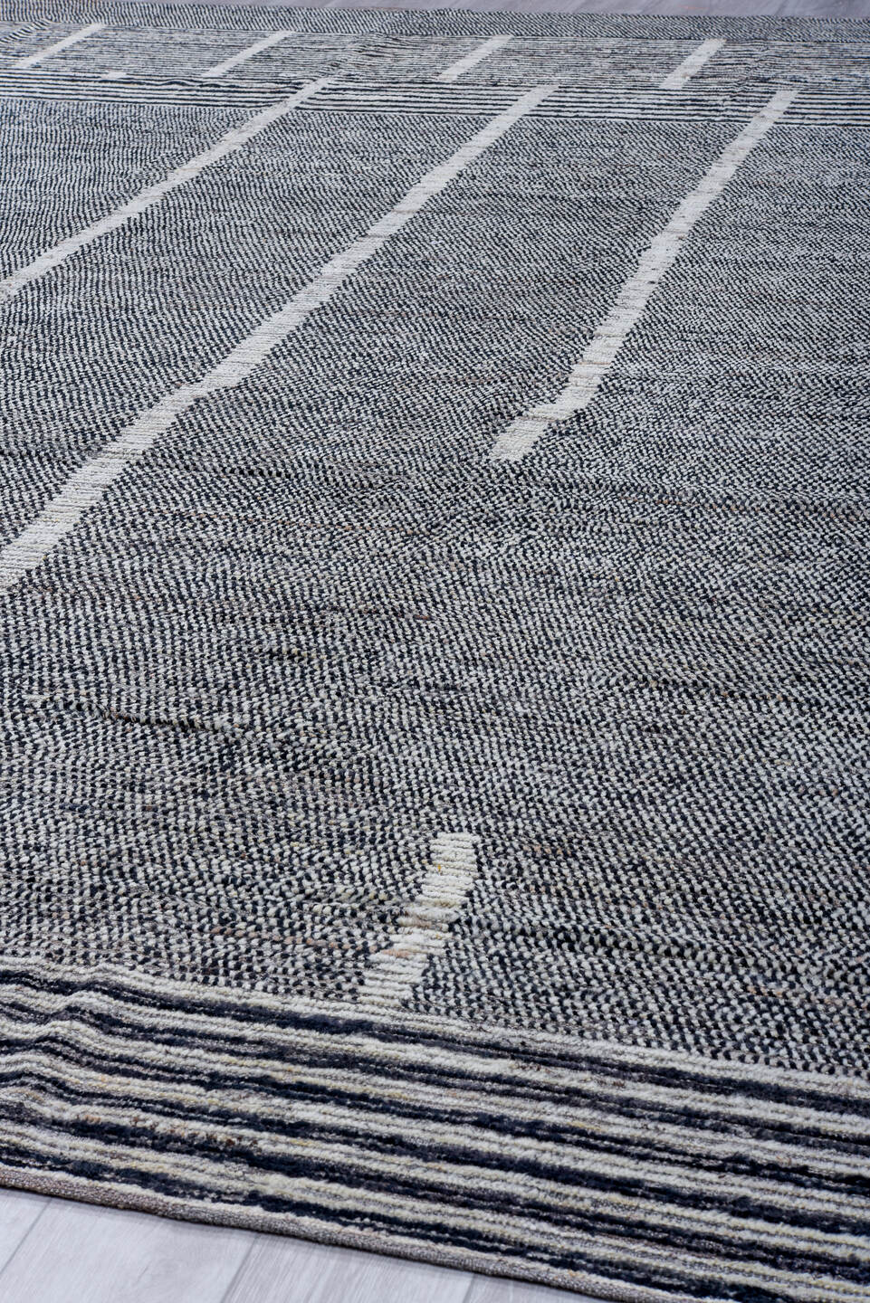 13' x 15' one-of-a-kind handmade vintage Tulu oversize rug. Color palette: black, blue, dark gray, dim gray, gainsboro, gray