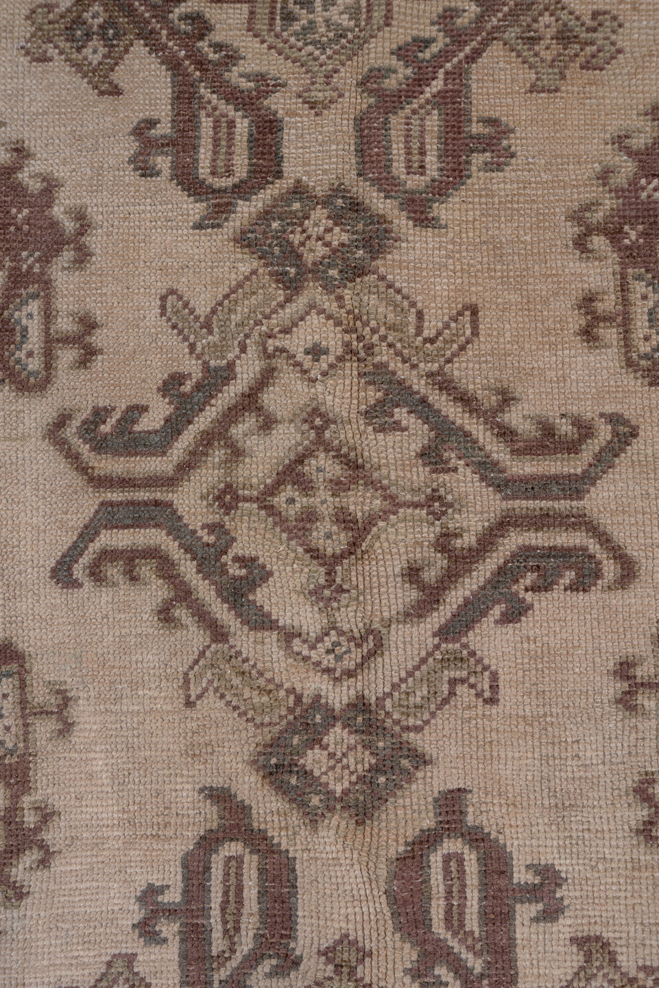 6' x 12' one-of-a-kind handmade vintage Oushak large size rug. Color palette: brown, gray, light gray, pink, silver