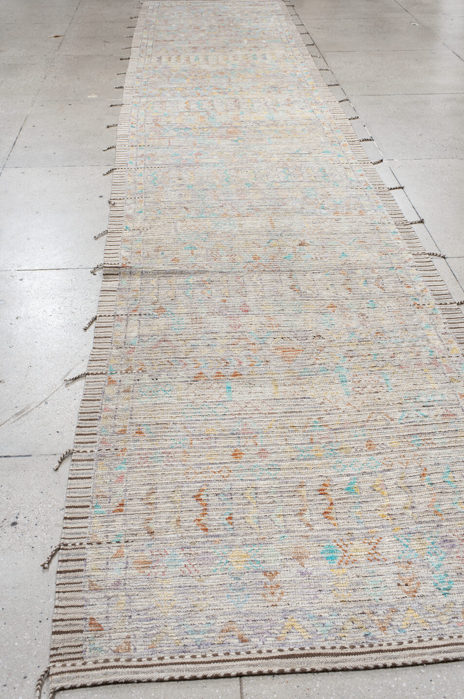 4' x 20' one-of-a-kind handmade vintage Tulu runner rug. Color palette: blue, brown, dark gray, gainsboro, gray, light gray