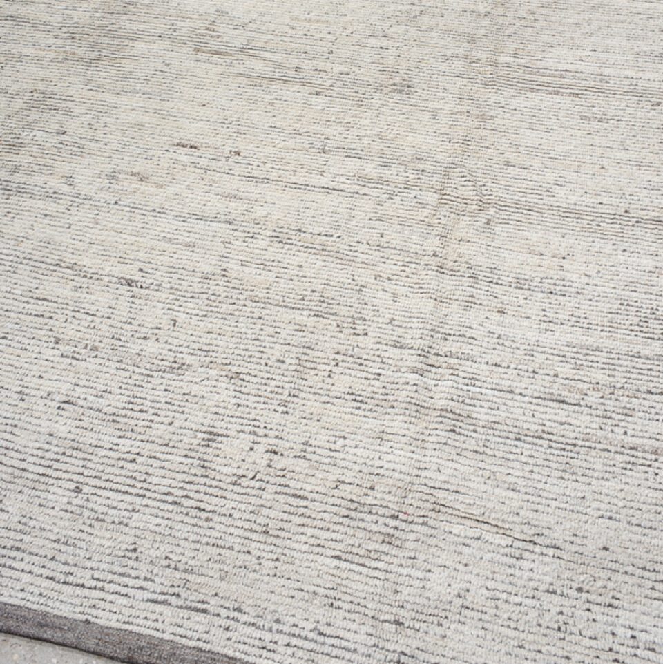 14' x 12' one-of-a-kind handmade vintage Tulu oversize rug. Color palette: dark gray, gainsboro, gray, light gray, linen