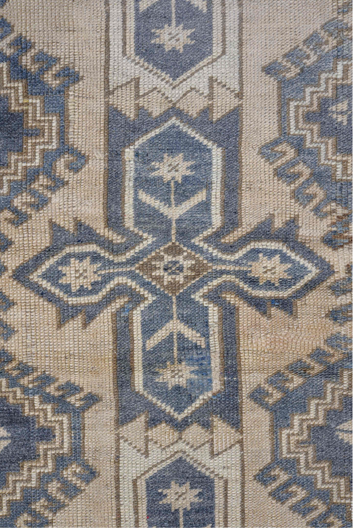 2' x 11' one-of-a-kind handmade vintage Oushak runner rug. Color palette: blue, dark gray, gray, light gray, off-white