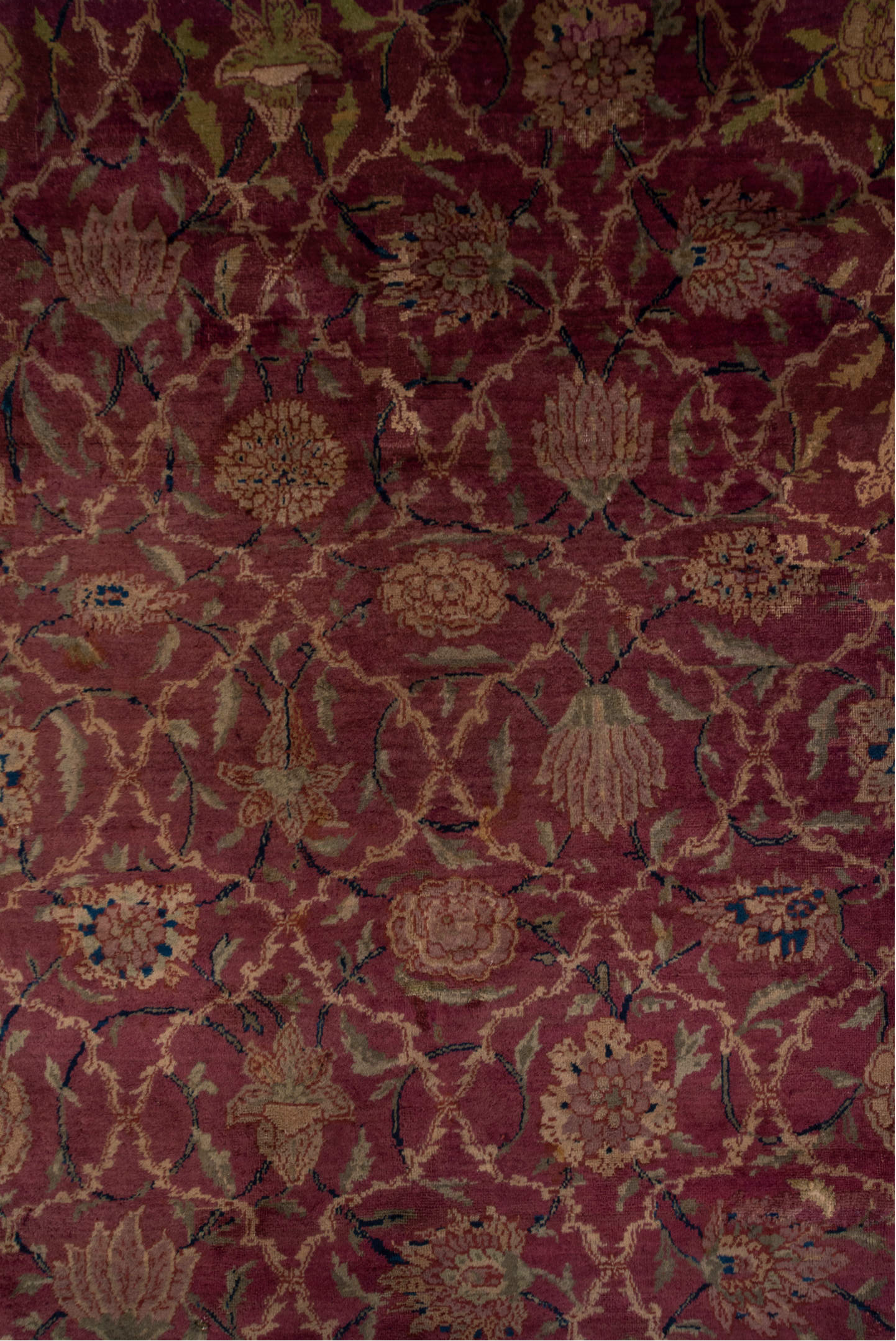 12' x 14' one-of-a-kind handmade vintage Agra oversize rug. Color palette: red, brown, gray, black, pink, blue, redwood