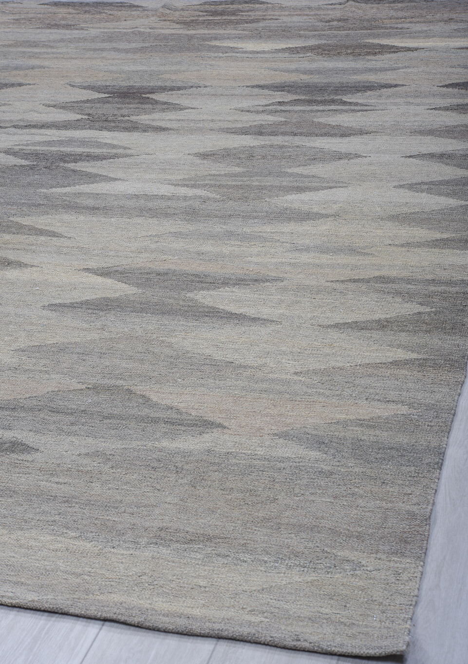 9' x 12' one-of-a-kind handmade vintage Kilim large size rug. Color palette: black, blue, dark gray, dim gray, gray